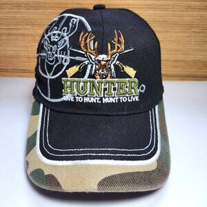Hunter Hat Cap Live to Hunt Hook & Loop Adjustable Deer Buck Black & Cammo